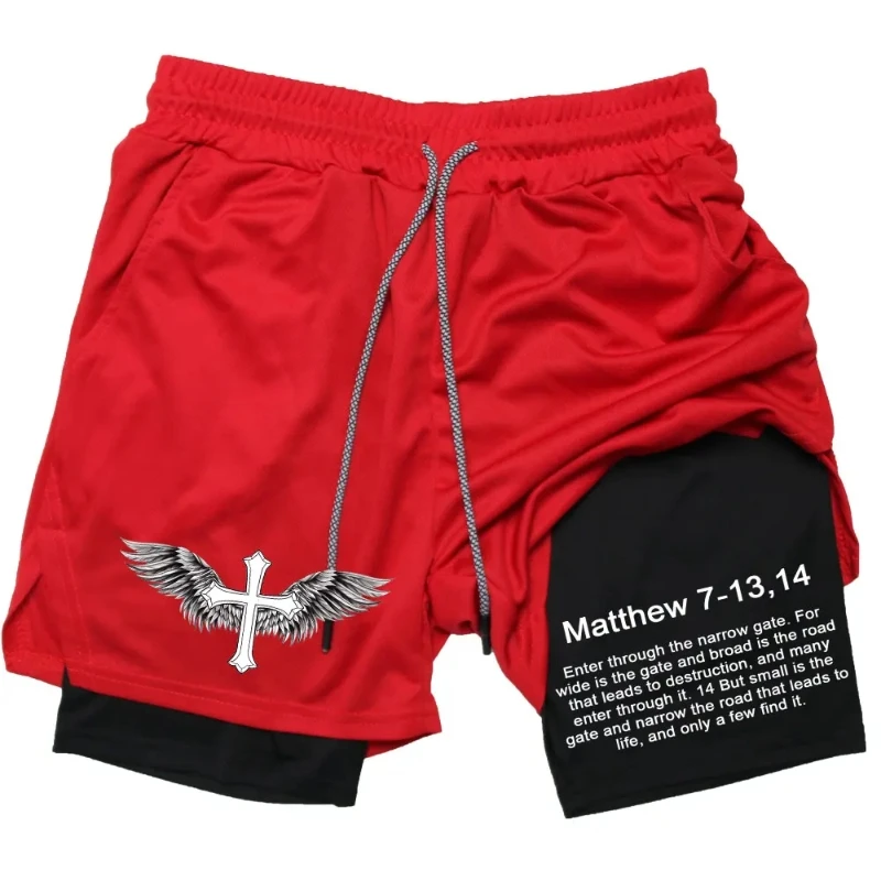 2024Men Performance Shorts Bible Printed GYM Casual Sports Compression Shorts Workout Running Mesh 2 In 1 Sport Short Pants 3