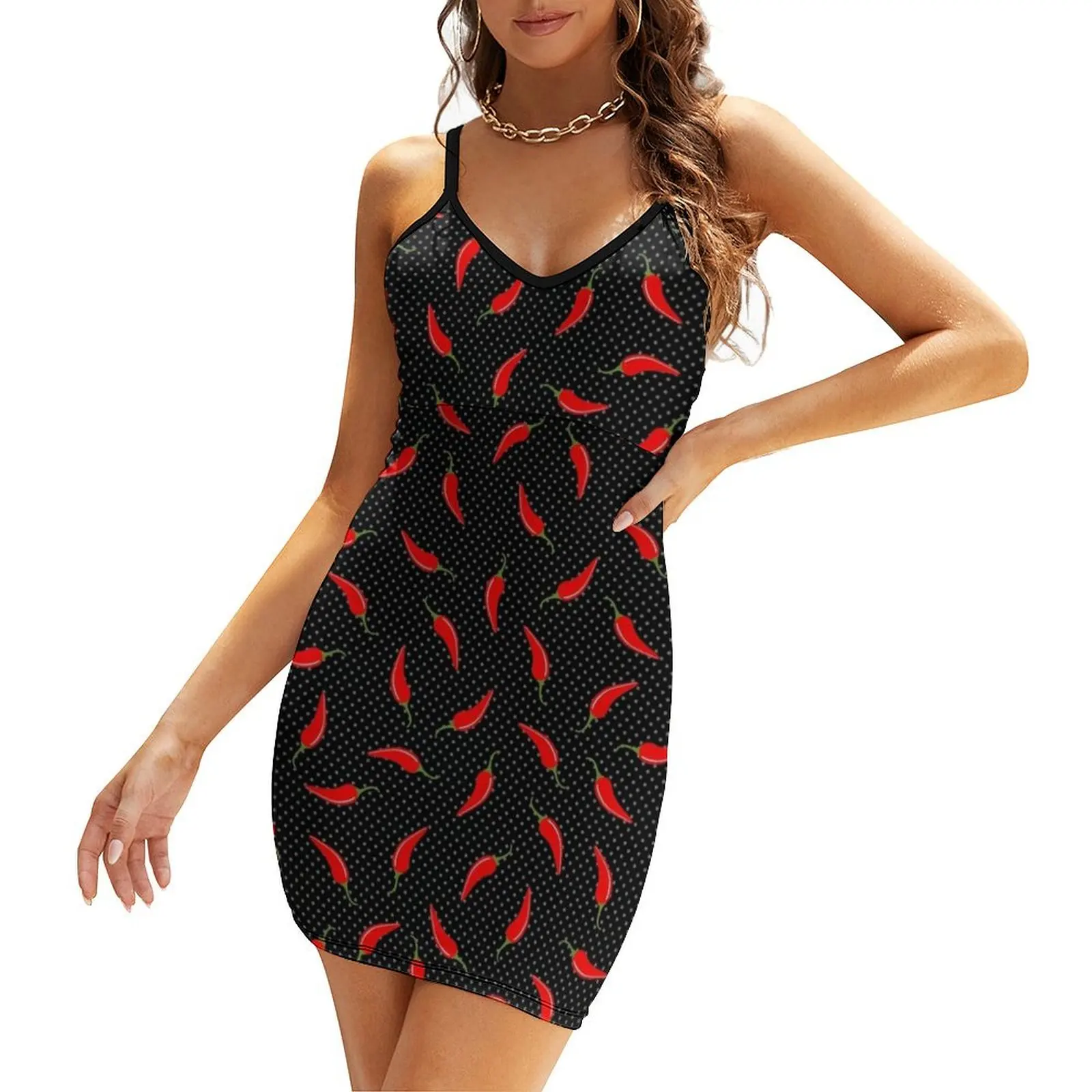 

Dark Red Pepper and Dots Sling Dress Clothing long dress women summer