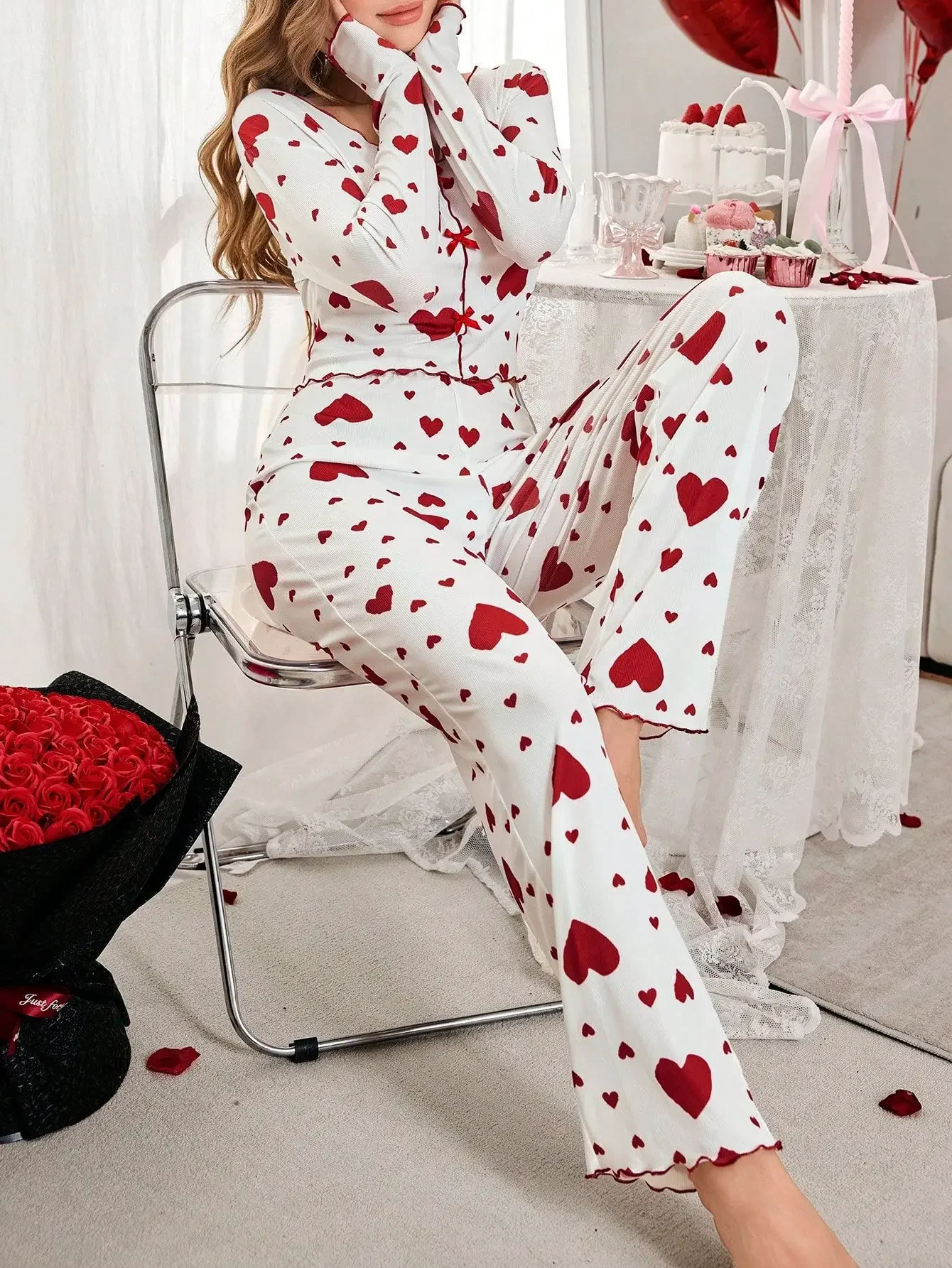 Pajamas 2 Piece Sets Women Sleepwear Loungewear Suit Top Pants Heart Print Bow Trousers Autumn Ensemble Nightwear Outfits