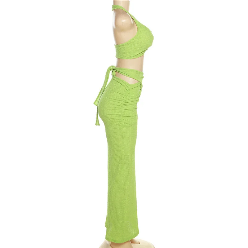 BKLD Summer Outfits For Women 2024 New Fashion Halter Neck Open Back Crop Top Slim Fit Wrap Hip Skirt Two Piece Set Green