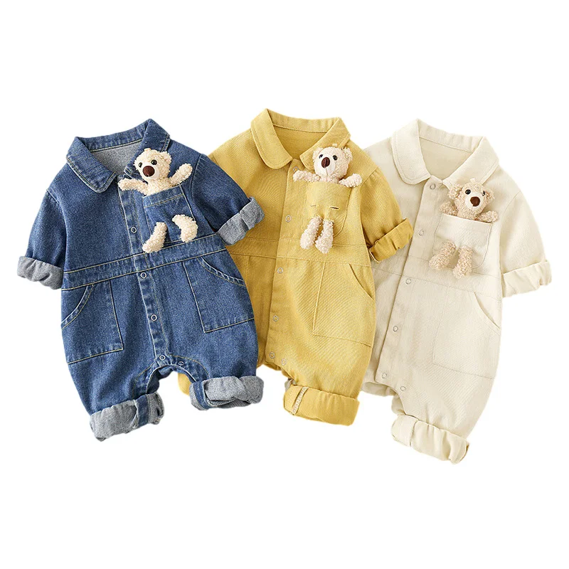 Autumn Denim Baby Jumpsuits Cute Pocket Bear Romper for Boys Girls