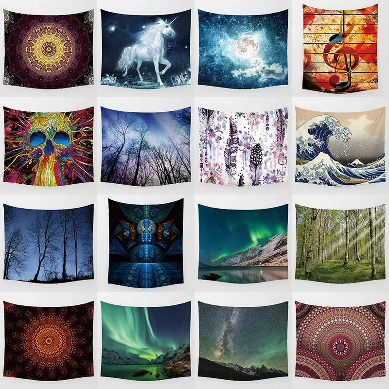 

Beauty mandala horse music feather sea wave birch forest background wall decoration wall art tapestry rectangle wall hanging