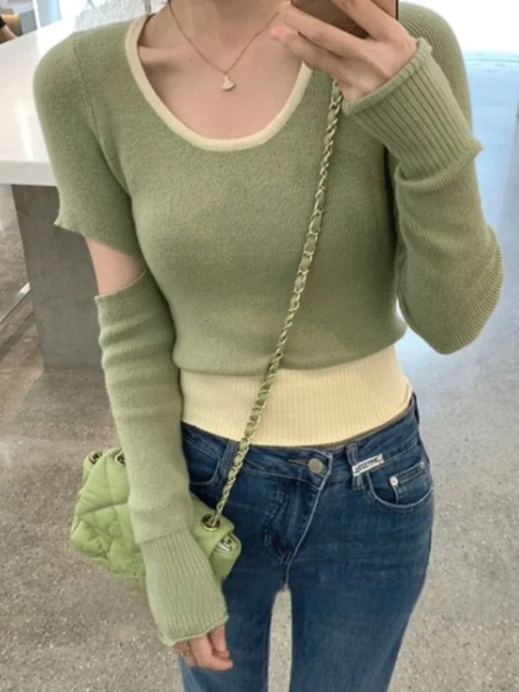 

Patchwork Contrast Color Hollow Out Knitwear Casual Harajuku Trendy Pullovers Fake Two Pieces Y2k Fashion Sweaters Women Korean
