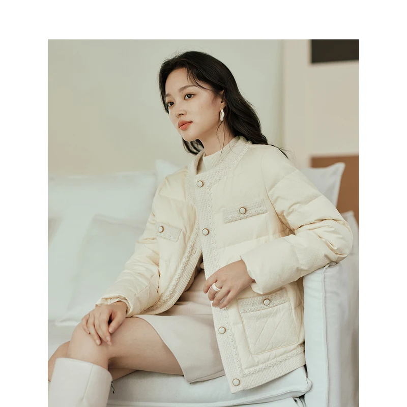 INMAN Women 90% White Duck Down Jacket 2023 Winter Long Sleeve O Neck Loose Thick Coat Pearl Decoration Elegant Apricot Outwear
