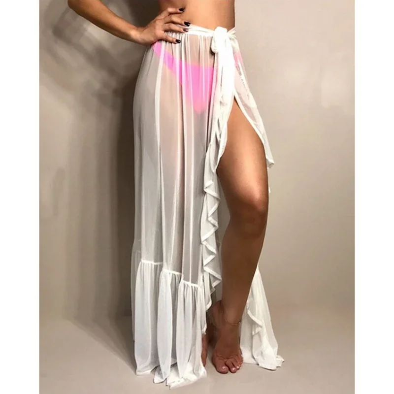 Combhasaki Womens Mesh Sheer Beach Holiday Ruffled Sunscreen Bikini Cover Up Wrap Belted Bow knot tied Long Skirt Summer Holiday swimsuit cover up swimsuit coverup fishnet cover up sunscreen shawl