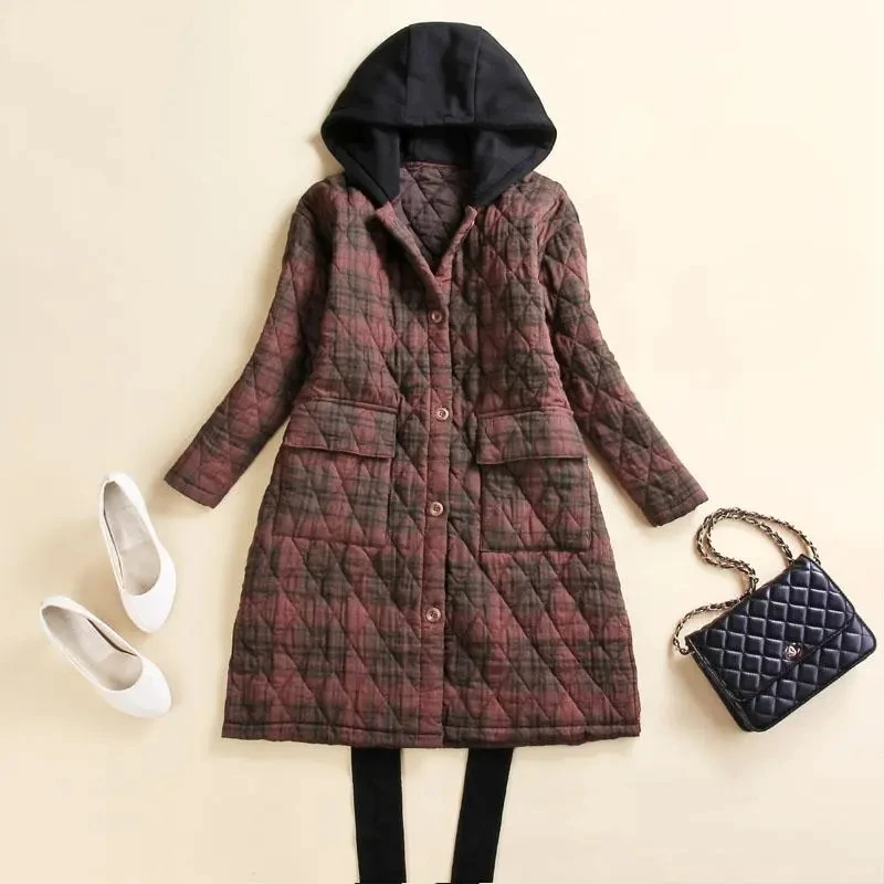 

Cotton Coat Women Single-breasted Long-sleeve Parkas Autumn Winter Casual Hooded Padded Jacket Pocket Mid-length Casaco Feminino