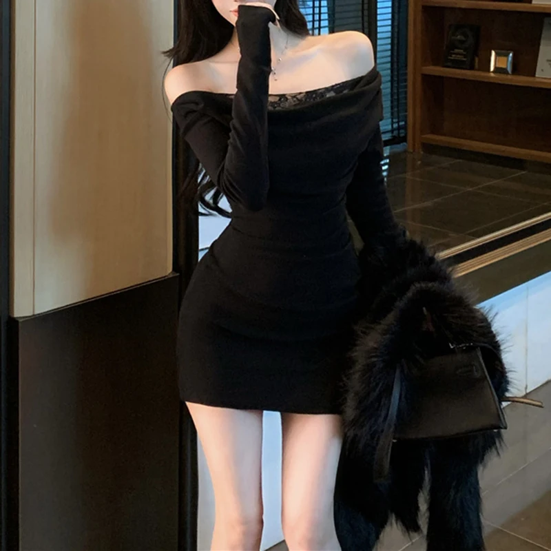 y2k Dress Women Sexy Clothes Lace Patchwork Slash Neck Off Shoulder Long Sleeve Bodycon Dresses Evening Party Dresses