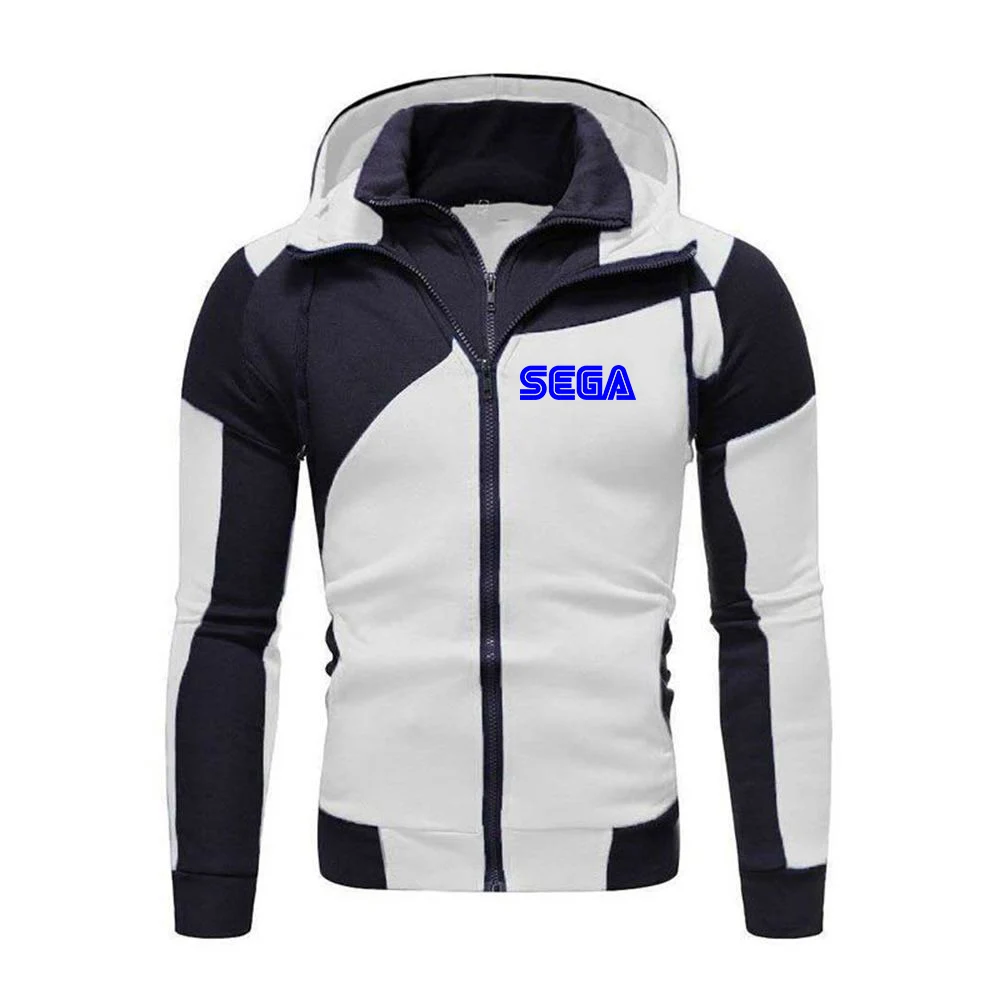2023 Spring and Autumn New Men Sega Printing Color Matching Hooded Hoodie Cotton High Quality Diagonal Zipper Top
