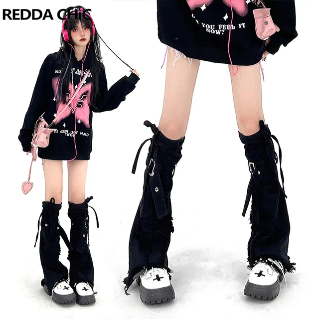 REDDACHiC Bandage Leg Warmers Denim Black Cross Patchwork Acubi Fashion Women Gaiter Girl Long Boots Cover Warm Knee-high Socks