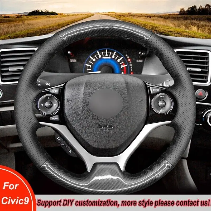 

DIY Hand-Stitched For Honda Civic 9 Black Perforate Leather Car Steering Wheel Cover Stitch Wrap Interior Accessories