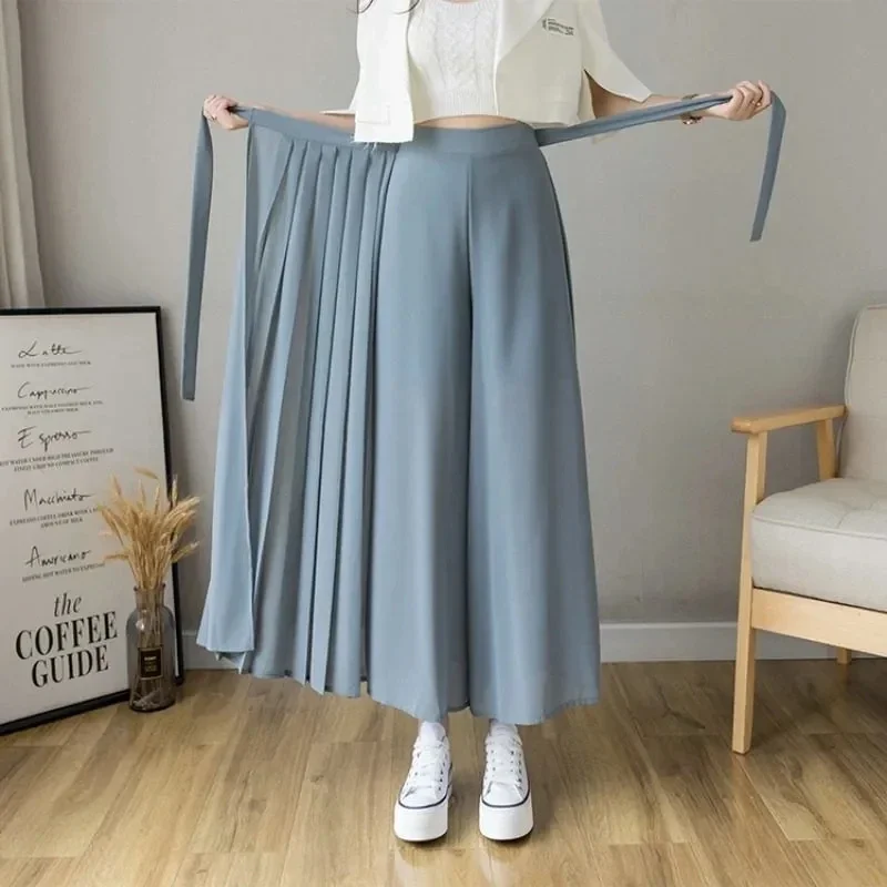 

Летняя эластичная плиссированная юбка, женские Капри, Корейская шифоновая юбка-брюки, повседневные широкие брюки с высокой талией, женская уличная юбка