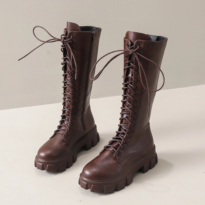 Aphixta 2025 Winter Shoes Women's Long High Boots Brown PU Leather Knee High Boots Female Fashion Lace Up Platform Botas Mujer S7c96191d027642598284d2b3eb8447e2K