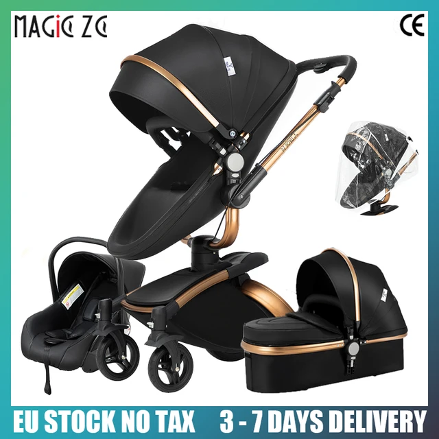 Poussette de luxe 3 en 1 en cuir PU, poussette multifonctionnelle à quatre roues pour bébé nouveau-né, voiture 360 ° 1