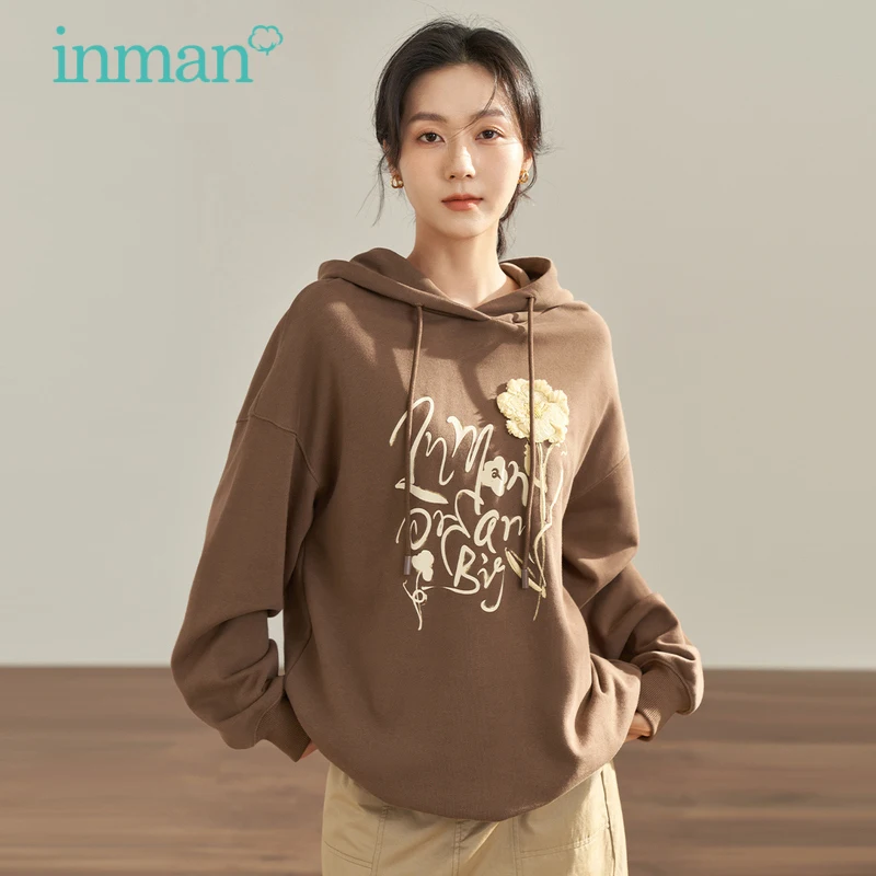 INMAN Women Hoodies 2023 Autumn Long Sleeves Loose Sweatshirts Pastoral Fun Embroidery Fashion Versatile Casual Coffee Tops