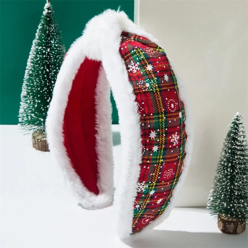 Christmas Snowflake Plaid Headband Wide Knotted Hair Hoop Hair Accessories Women Girls Band Party Favors Decorations