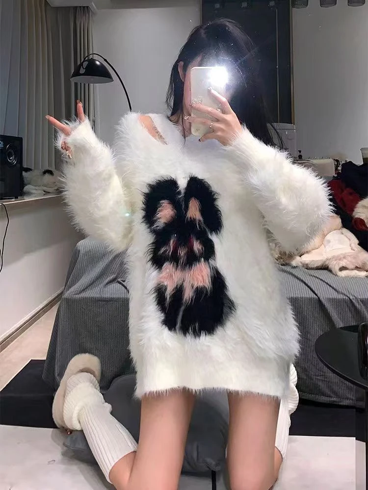 

Женский трикотажный свитер с принтом, Повседневная блузка большого размера с длинным рукавом, корейская мода, Y2k одежда, зима 2023