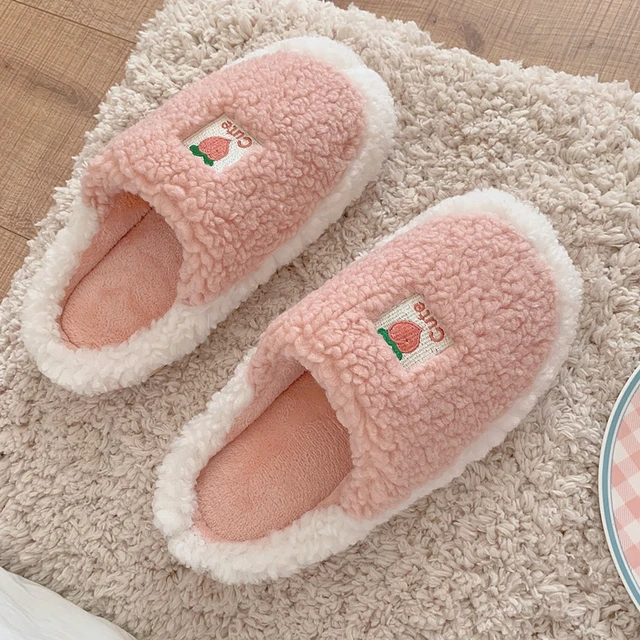 Cute Pink Peach Pattern House Girls Fur Slippers Winter Keep Warm Plush  Bedroom Ladies Cotton Shoes Home Women Fluffy Slippers - AliExpress