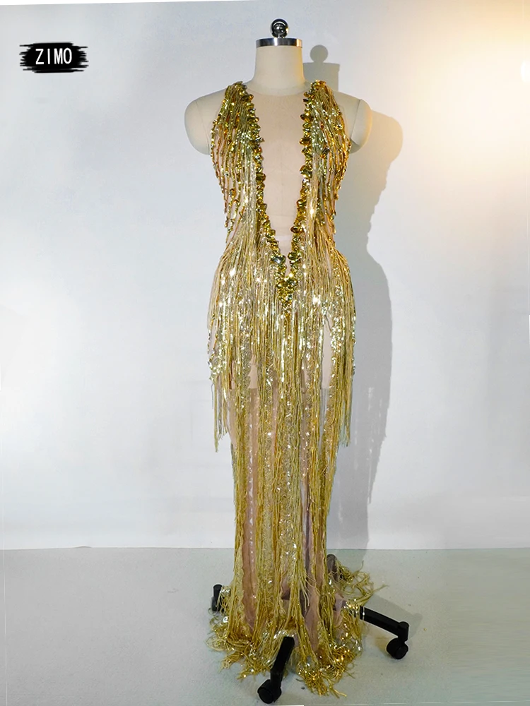 green emerald velvet dress Mew Mews Tobin Sequin Fringe Metallic Dress in Gold