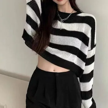 New Korean Style Striped Cropped Sweater Women Vintage Oversize Knit Jumper Female Autumn Long Sleeve O-neck Pullovers Tops