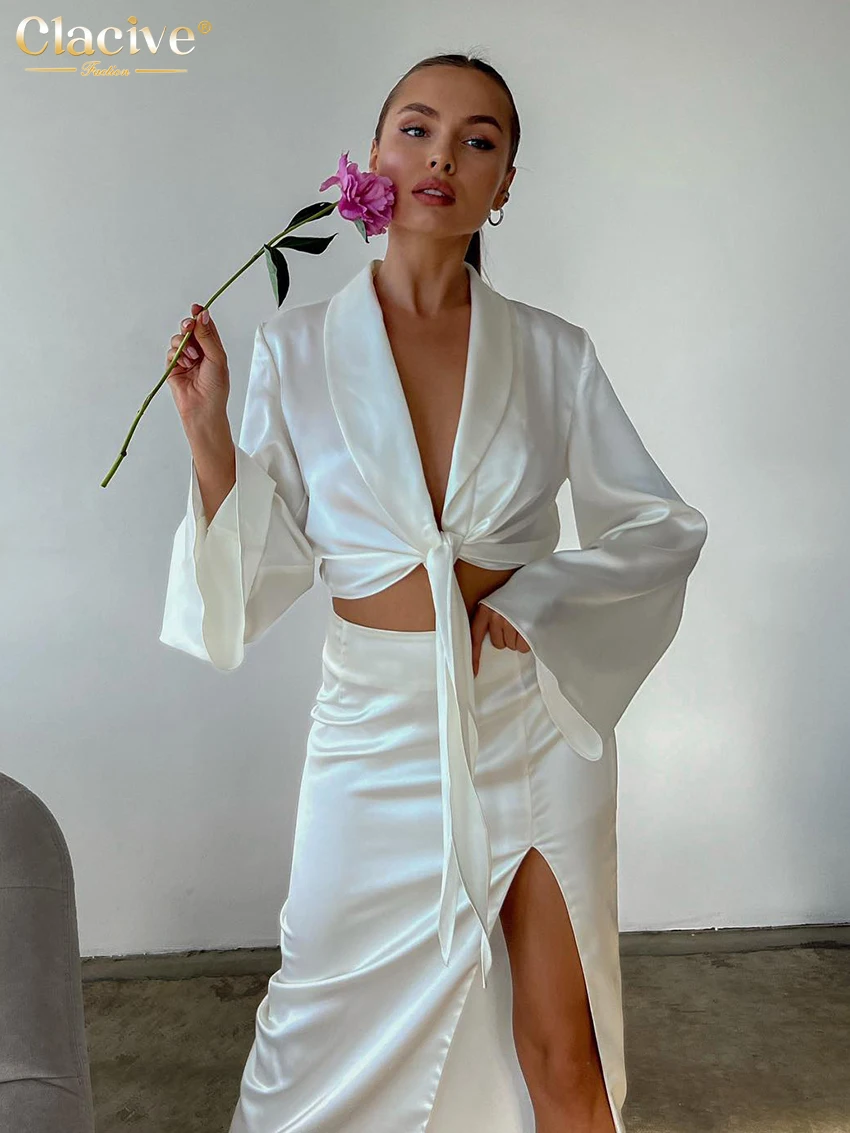 

BabYoung Sexy White Satin 2 Piece Sets Women Outfit 2023 Fashion Long Sleeve Lace-Up Crop Top With High Waist Slit Skir