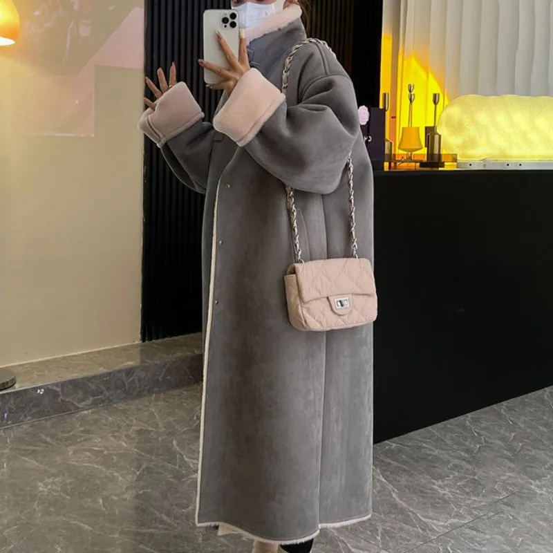Women's Imitation Fur Coat, Long Over-the-Knee, Thick Lamb Wool, Warm Outwear, Loose Stand Collar, Casual Parkas, Winter, New