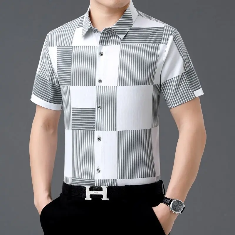 Summer Men Fashion Business Plaid Shirt Korean Streetwear New Casual Loose Anti-Wrinkle Button Pocket Thin Short Sleeve Tops