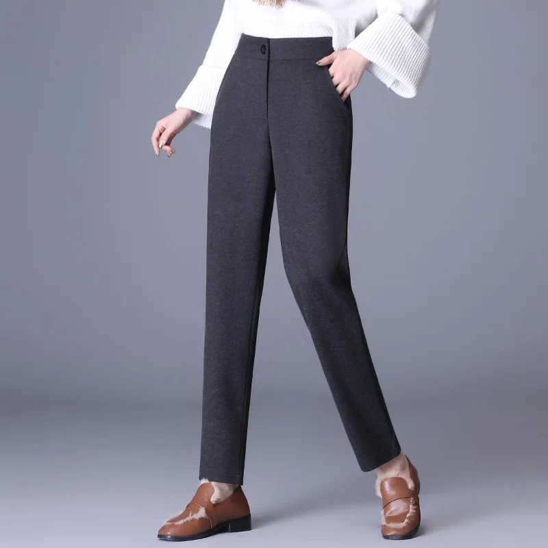 

Autumn and Winter Women's Solid Colors Slim Button Classic Halun Pants High Waist Woolen Appear Thin Fashion Commuter Trousers
