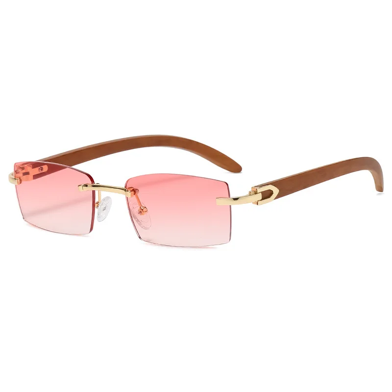  - Rectangle Fashion Rimless Sunglasses for Women Men Gangster 90s Frameless Shades Retro Vintage Trendy Wooden Frame Eyewear