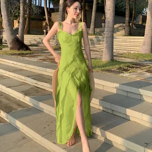 Summer New Fashion Women's Dress Green Shirt Ruffle Split Sling Skirt Women's Skirt Long Dress