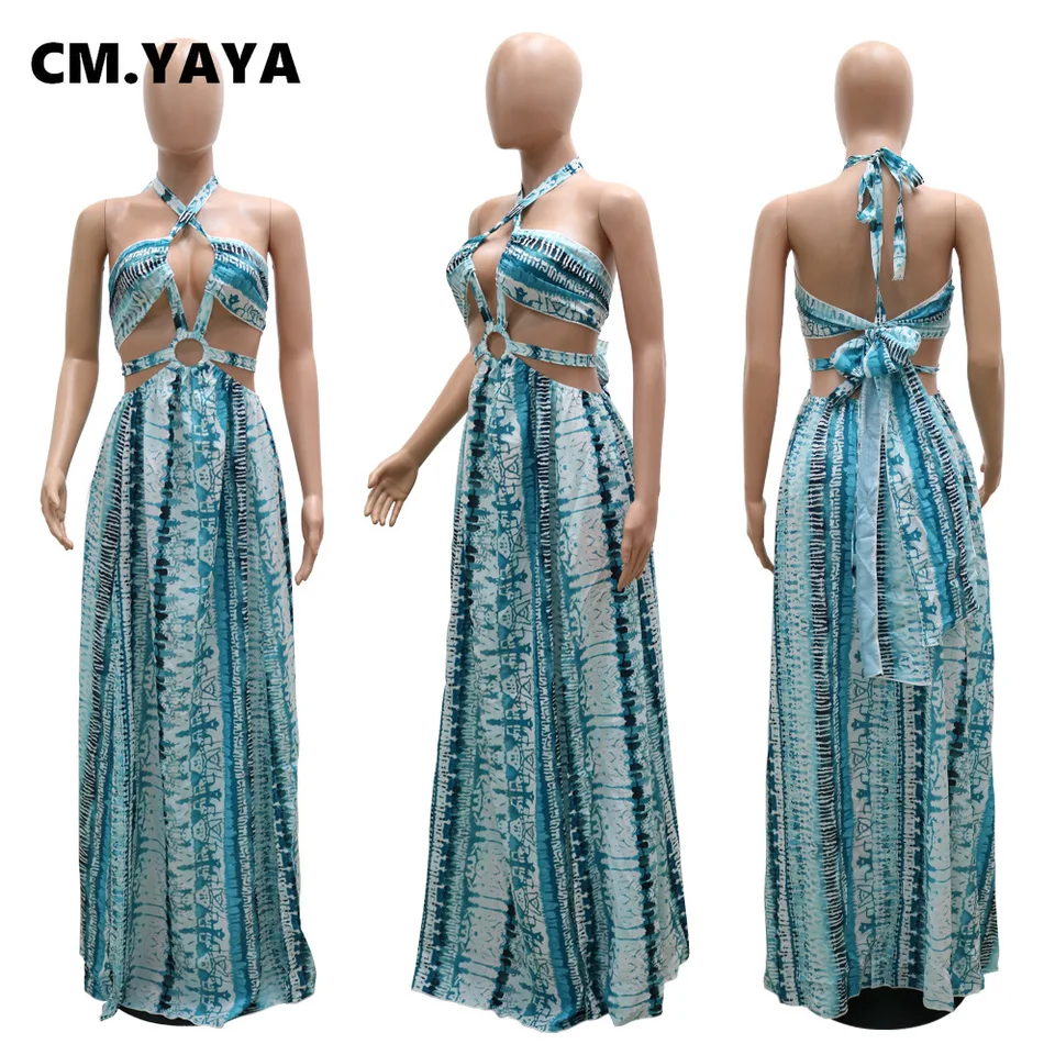 CM.YAYA Women Long Dress Print Sleeveless Halter Bandage Hollow