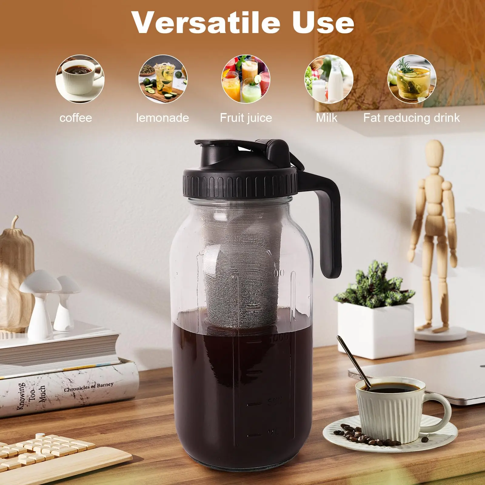 Cold Brew Coffee Maker,64 oz Mason Jar Pitcher with Stainless Steel Filter, Pour Spout Handle Lid, Heavy Duty Glass Airtight