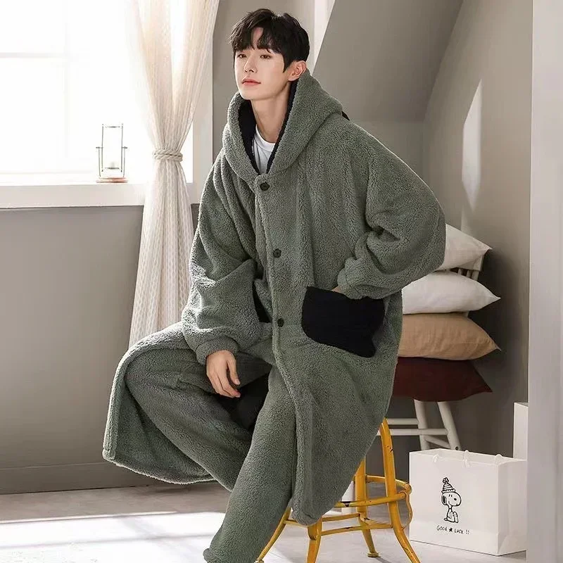 

Men's Nightwear Home Warm Clothes Sets Loungewear Fleece Male Hooded Two Winter Coral Suits Bathrobe Pieces Pijama Thicken