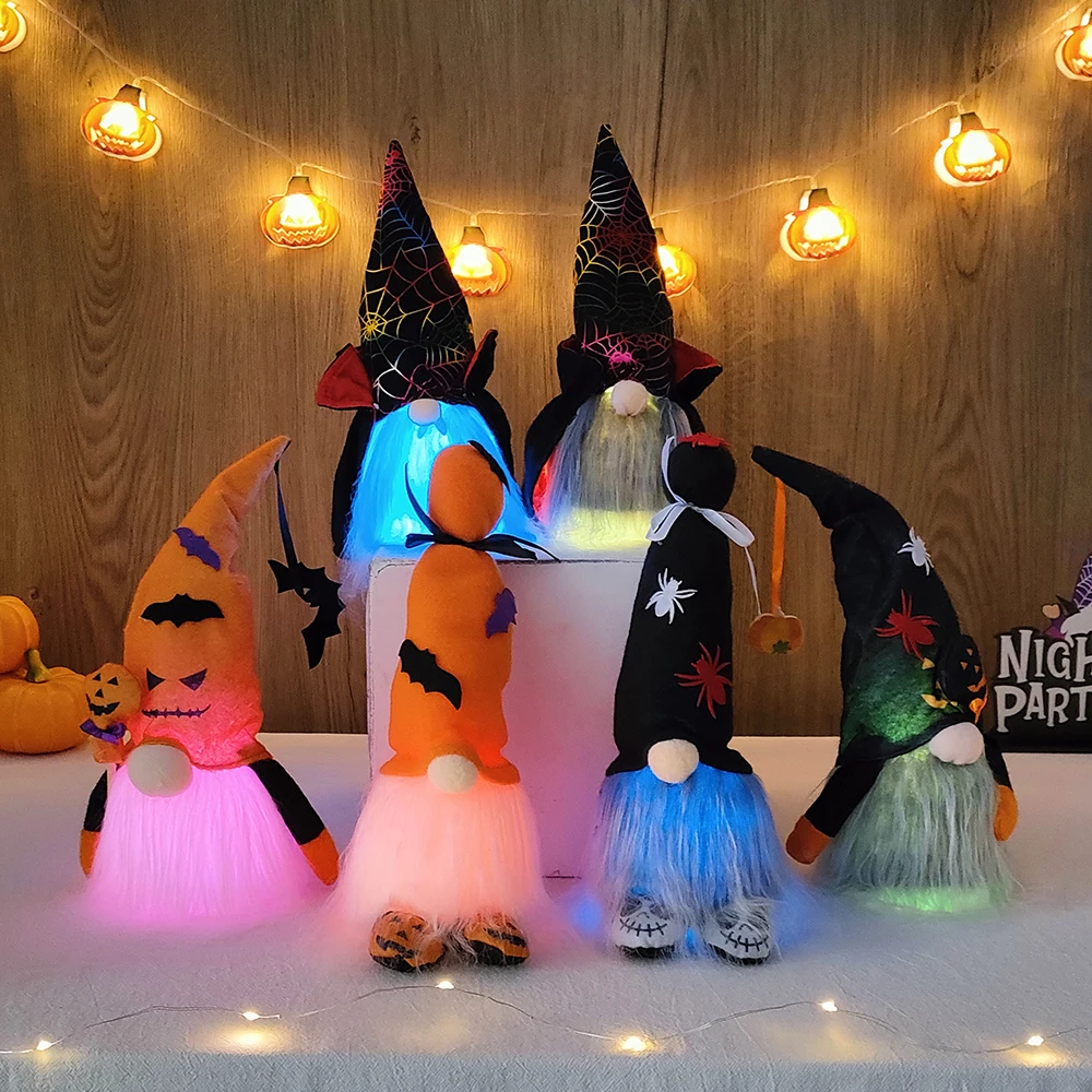 

32cm Halloween Luminous Faceless Doll with LED Lights Plush Dwarf Halloween Party Decorations Ghost Festival Props Handmade Doll