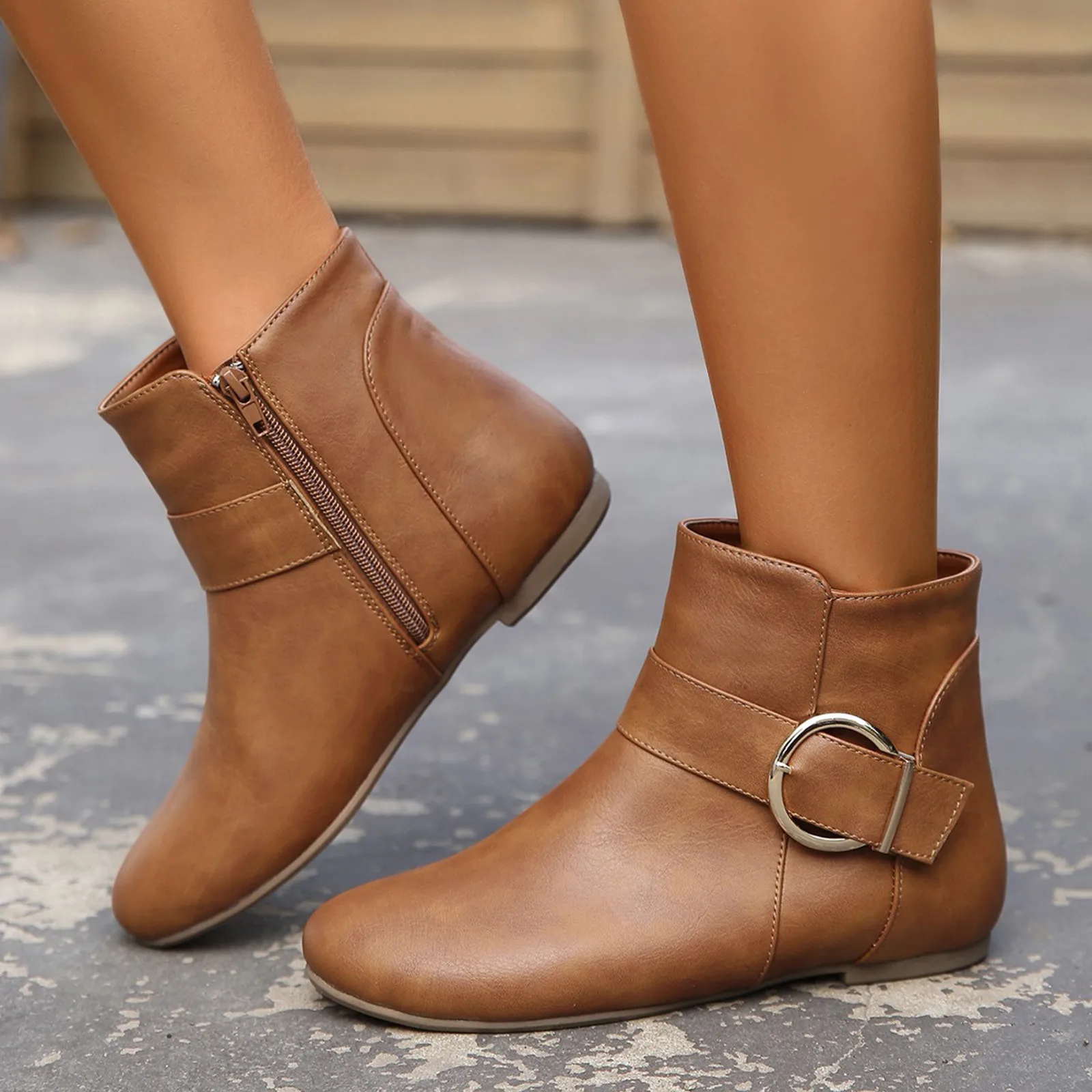 Womens Ankle Boots no Heel Women's Ankle Boots V Cut Out Booties Low Chunky  Block Heel Boots Two-Tone Slip On Boot Brown -