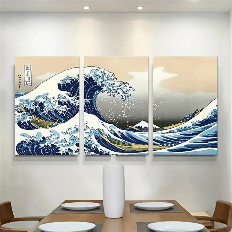 3 pieces of plates in Japanese style waves