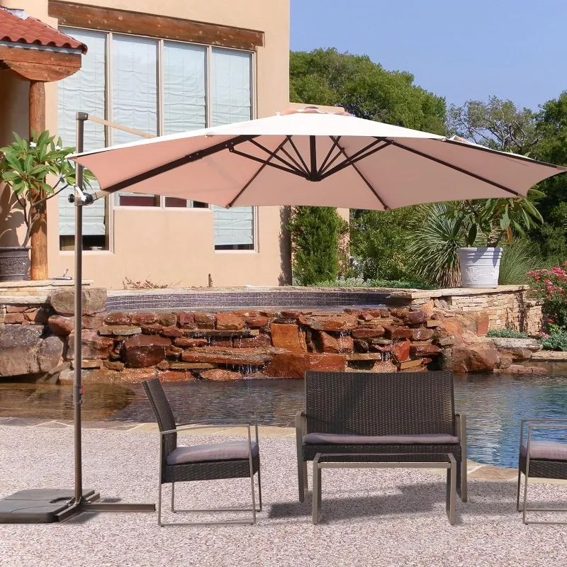 

10Ft Patio Umbrella with Cross Base Included, Crank and Easy Tilt, 360° Rotation Outdoor Cantilever Offset Umbrella, Champagne