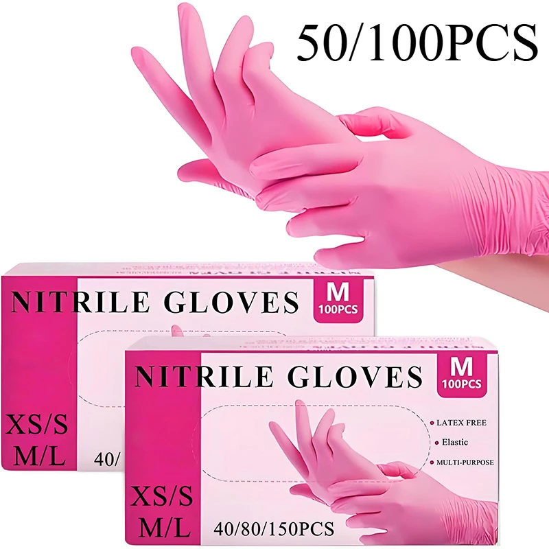 50/100PCS Pink Nitrile Gloves Kitchen Cleaning Disposable Gloves Nail Hairdressing Tattoo Food Preparation Tools