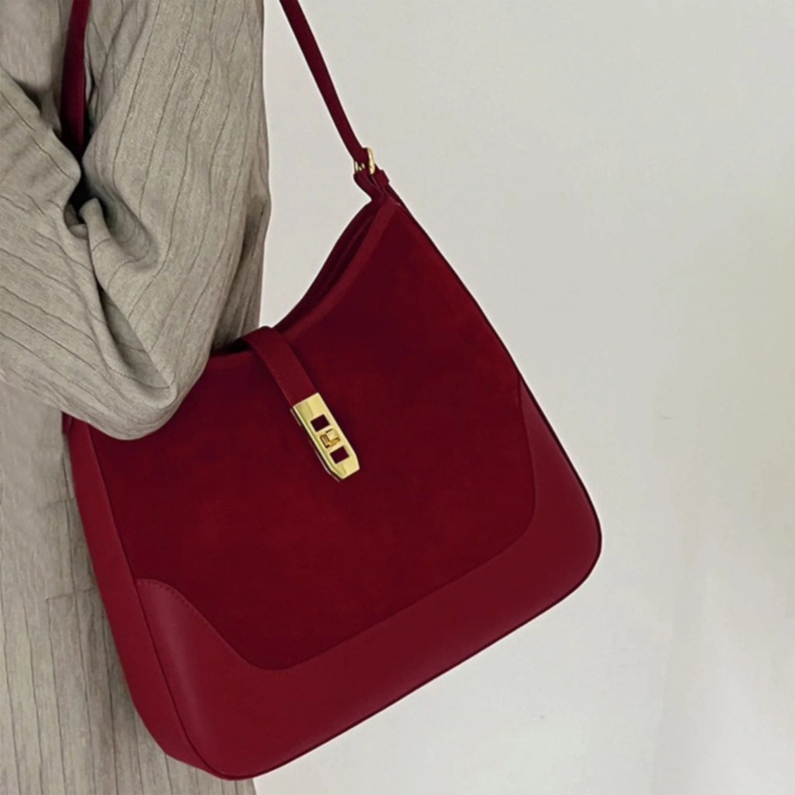 PU Leather Elegant Evening Clutch Solid Color Stylish Splicing Armpit Bag Large-Capacity Trendy Underarm Bag Commute Handbag