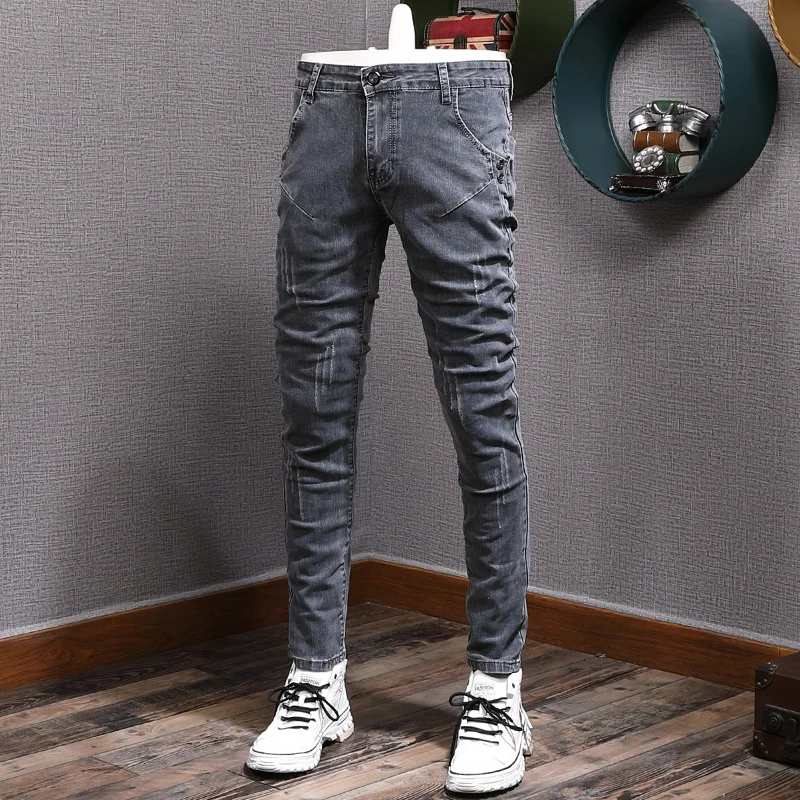 Fashion Designer Men Jeans Retro Dark Gray Stretch Skinny Fit Ripped Jeans Men Spliced Designer Vintage Denim Pencil Pants