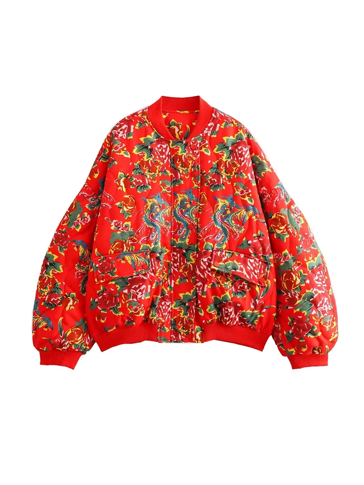 

Female Casual Phoenix Red Flower Print Loose Jackets Outwear Autumn Winter Fashion Chinese Indie Folk Womens Red Parkas