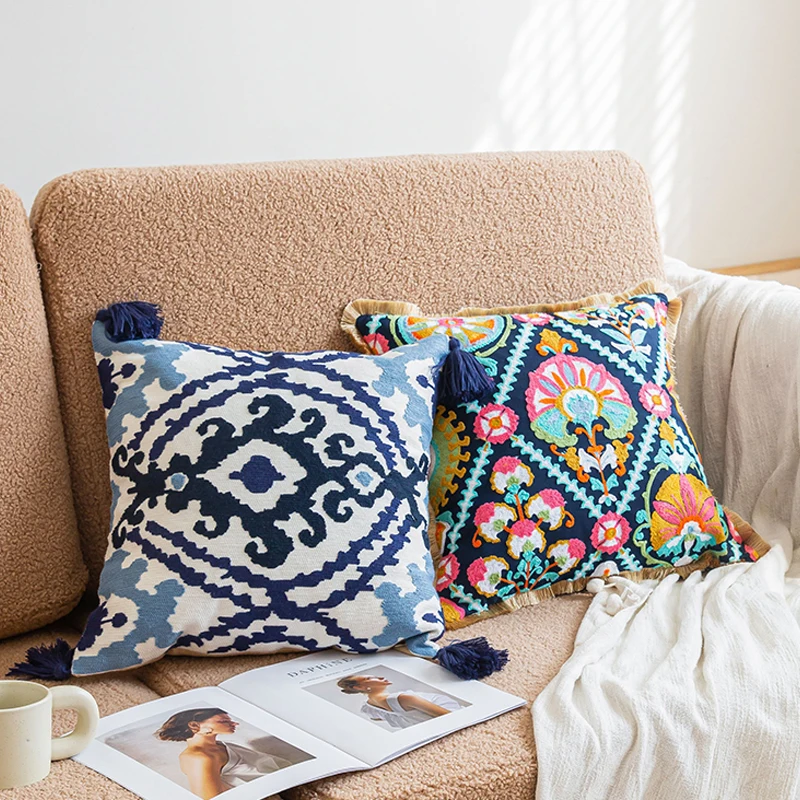 Ethnic Cushion Cover Embroidery Colorful Floral Tassels Boho Style