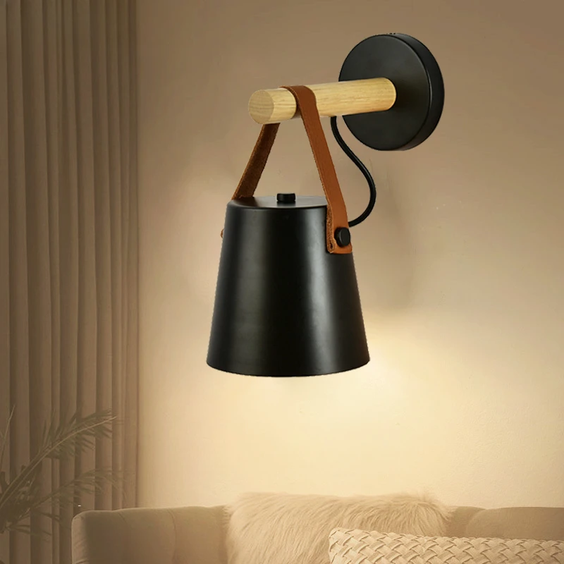 LED Bedside Wall Lamp Nordic Wood Leather Belt Hanging Sconces for Bedroom Study Living Room Modern Home Indoor Decorative Light 3