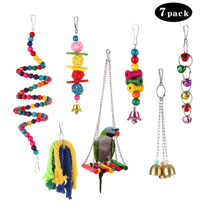 7 Piece Bird Toys Set Parrot Bird Cage Toys Pendant Accessories Parrot Stand Stick Swing Bird Toy Set Supplies
