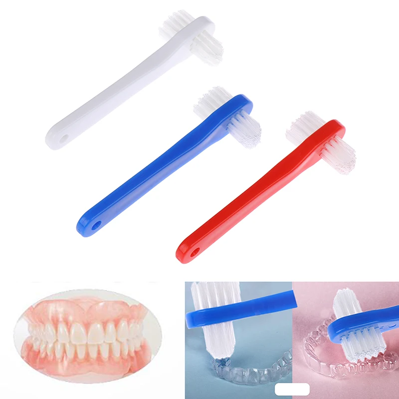 1PCS T자형 틀니 전용 브러시 칫솔 듀얼 헤드 틀니 브러쉬 클리너 성인 학생 치아 미백 구강 건강