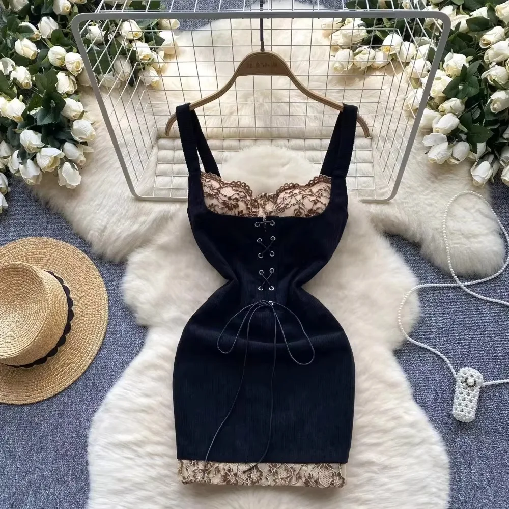 GETADME Sweet Sexy Lace Patchwork Black Camisole Dress for Women+ Long Sleeve Slim Fit Y2k Crop Tops Autumn New Two Piece Sets Outfits