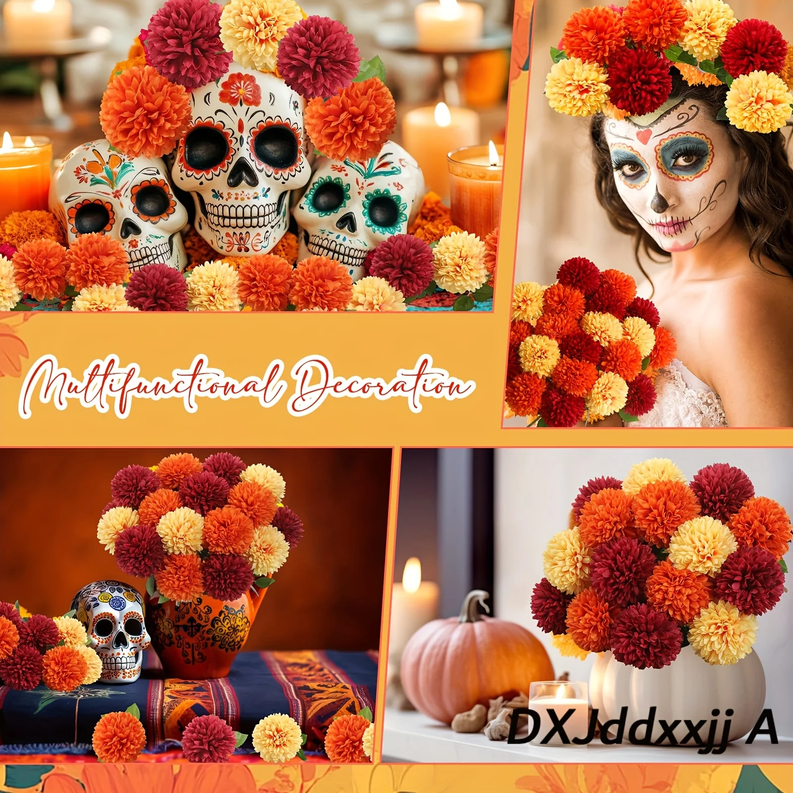 10/18 Seiden-/Kunststoff-Chrysanthemen (ohne Vase) – realistisch und farbenfroh (Orange, Rot, Gelb). Bouquets aus Ringelblumen und Chrysanthemen, geeignet für Hochzeiten, Halloween, Weihnachten, Herbsttischdekorationen
