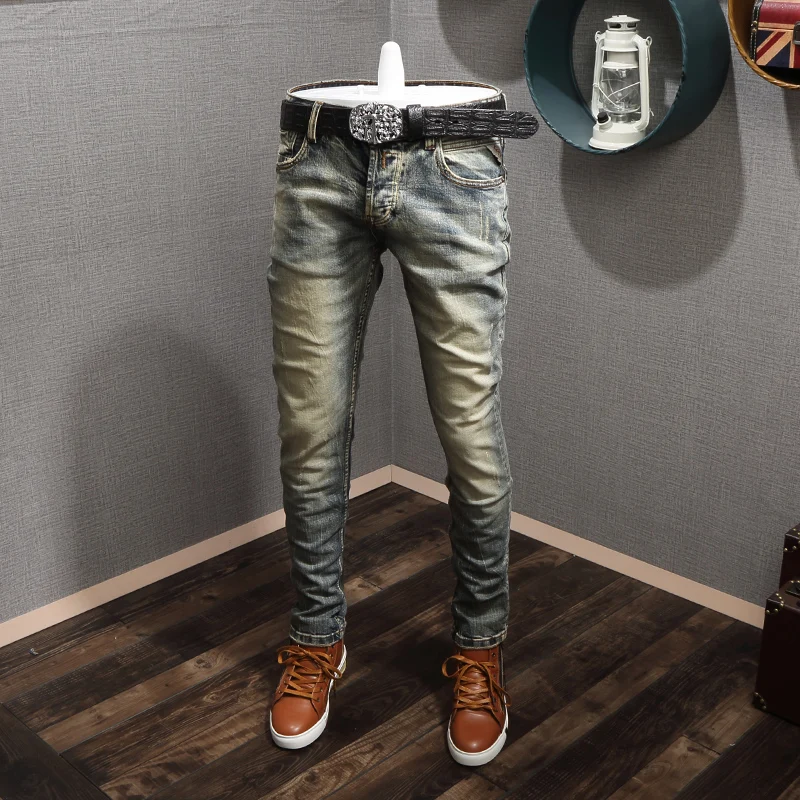 Newly Designer Fashion Men Jeans Retro Washed Elastic Slim Fit Ripped Jeans Men Italian Style Vintage Casual Denim Pants Hombre