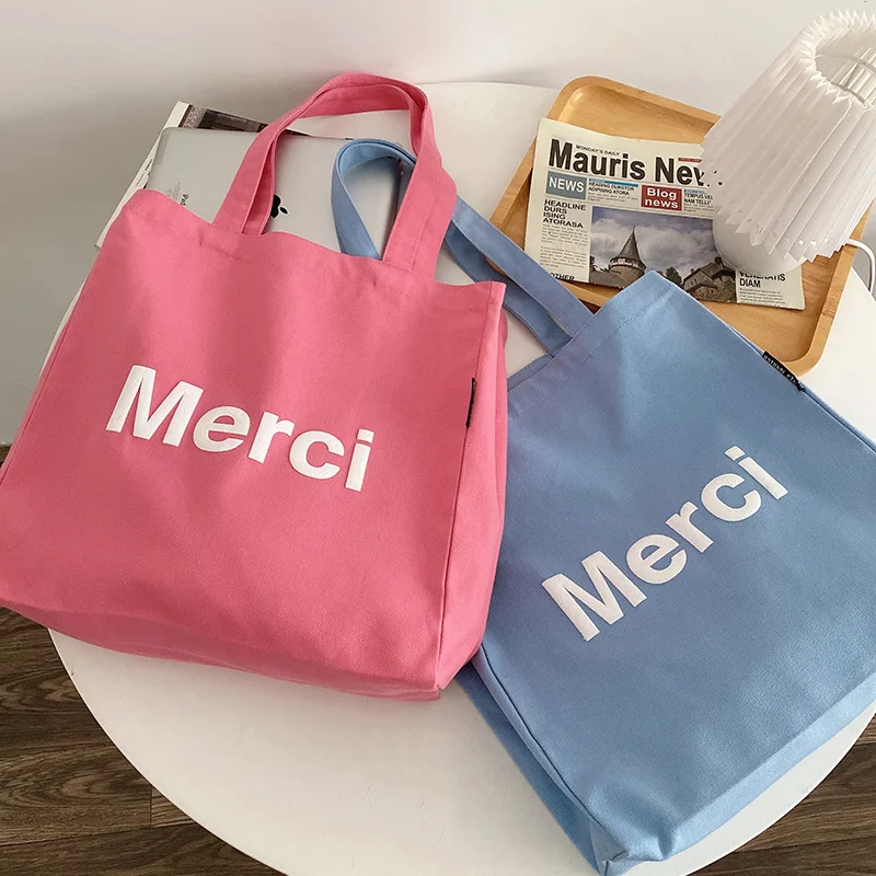 Paris Women Cotton Canvas Shoulder Bags 3D Merci French Print Eco Cloth  Grocery Shopping Bag Books Handbag Female Casual Tote