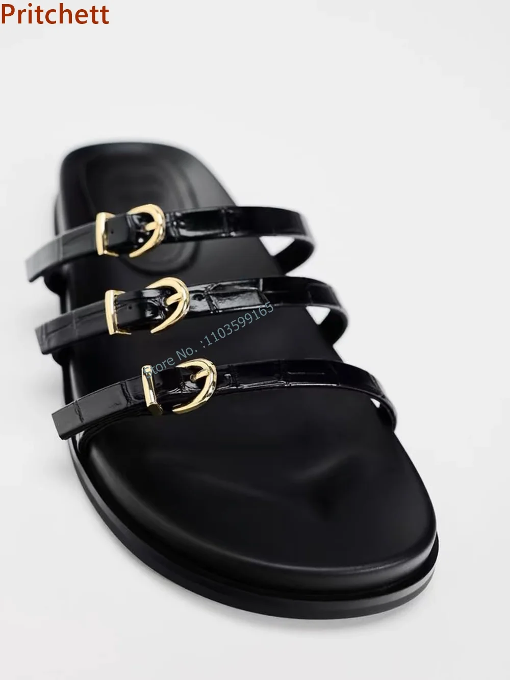 Solid Black Narrow Band Slippers Round Toe Flat with Slip On Belt Decoration Shoes Women Outdoor Comfortable Beach Shoes
