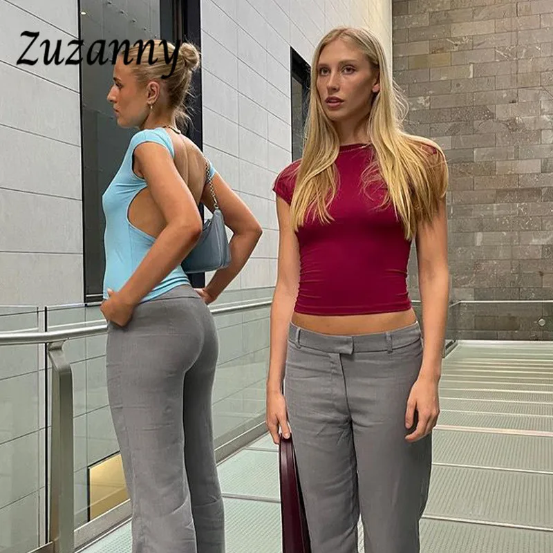 Женская облегающая блузка Zuzanny Y2K в стиле 90-х с коротким рукавом и вырезом на спине